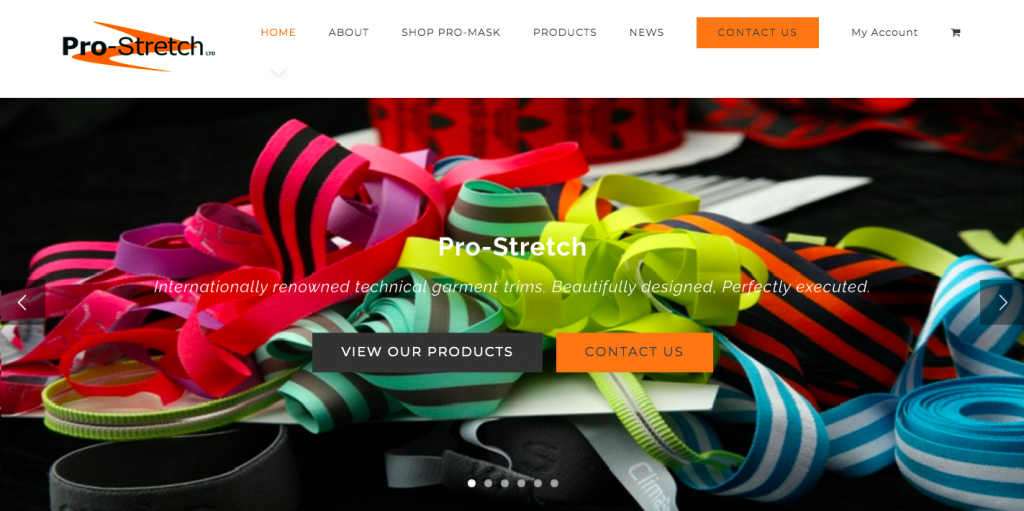 Pro Stretch Website Homepage with White Menu Head and Main Page Image of colour fabric trims.