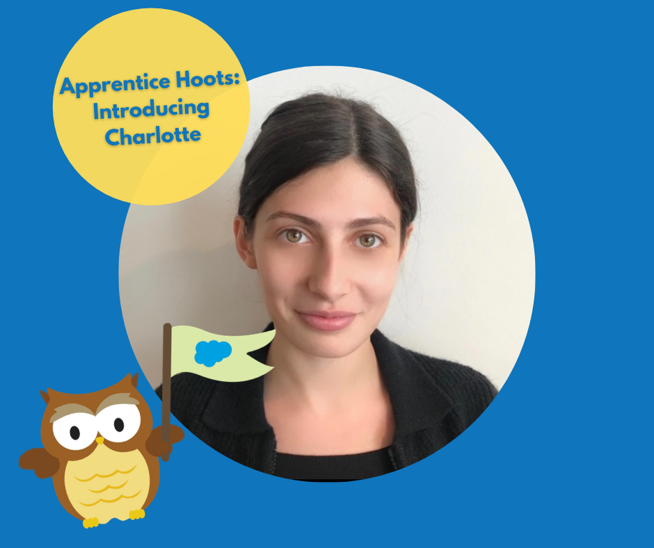 Picture of Charlotte with Hootie picture and Text overlay "Apprentice Hoots: Introducing Charlotte"